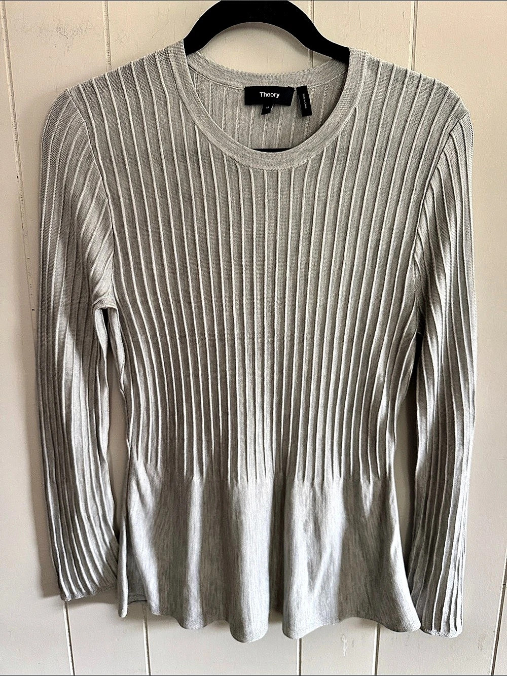 Theory Silk Peplum Ribbed Top Medium Stretch Minimalist Quiet Luxury Capsule